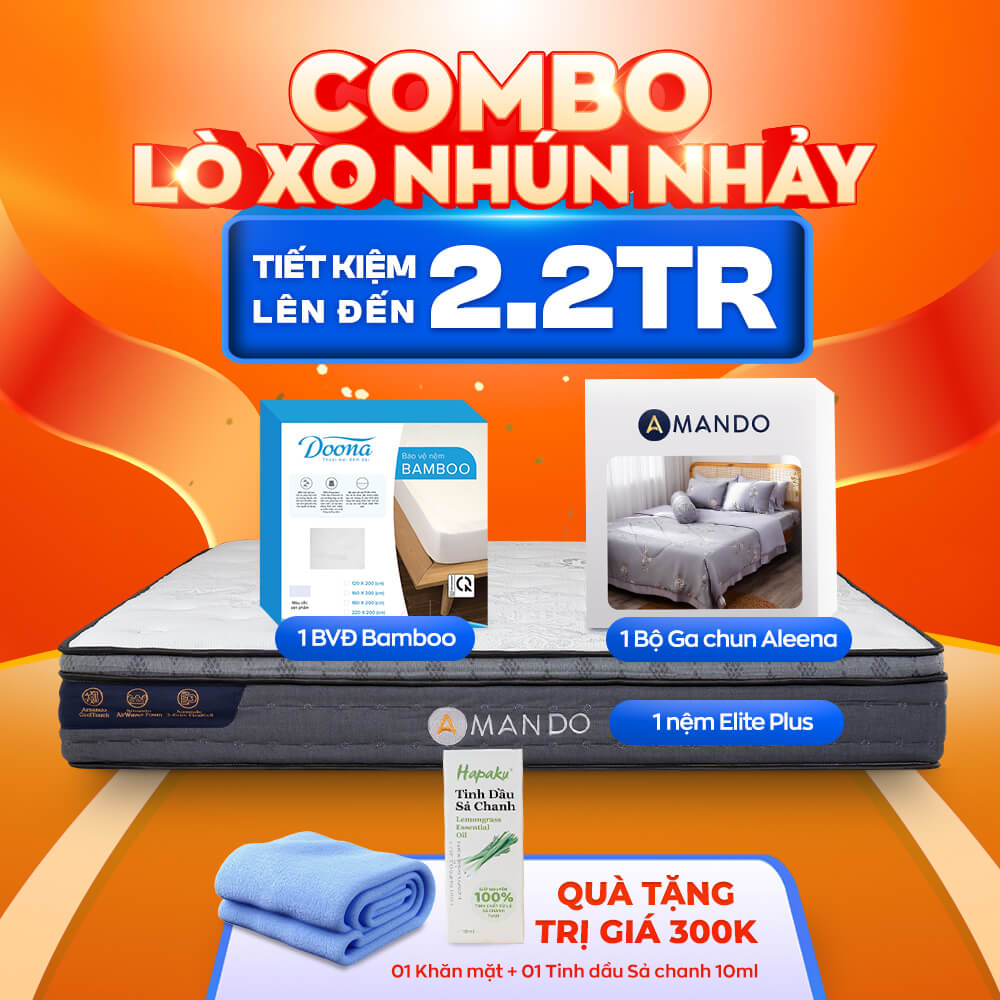 Combo Lò Xo Nhún Nhảy: 1 Nệm lò xo Elite Plus, 1 bộ ga chun Aleena, 1 bảo vệ nệm Bamboo, 1 Khăn Mặt, 1 Tinh dầu Sả chanh nguyên chất Hapaku lọ 10ml