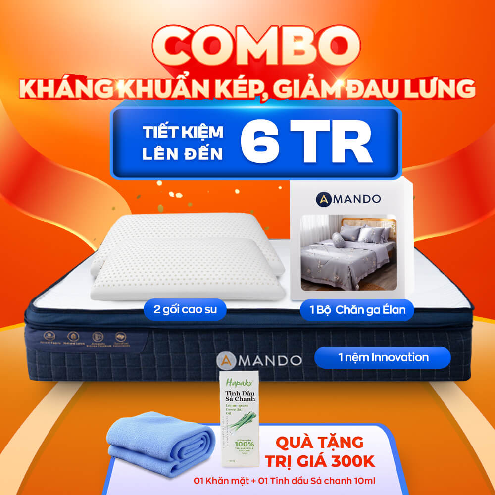 Combo Kháng Khuẩn Kép, Giảm Đau Lưng: 1 Đệm Innovation, 1 Bộ Chăn ga Élan, 2 Gối Cao su Dreamland nâng đỡ vai gáy, 1 Khăn Mặt, 1 Tinh dầu Sả chanh nguyên chất Hapaku lọ 10ml - Ảnh 1