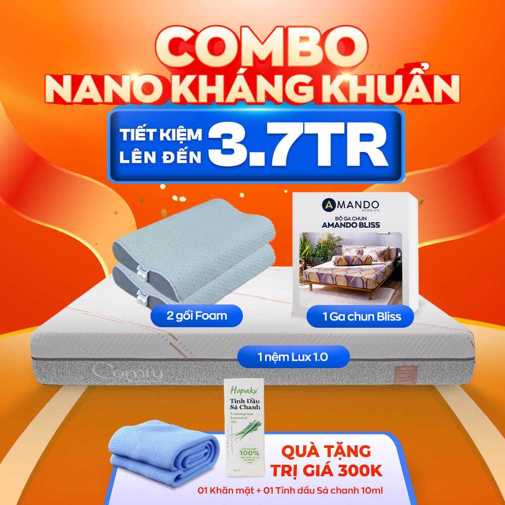 Combo Nano Kháng Khuẩn: 1 đệm Lux 1.0, 1 Ga chun Bliss, 2 gối Foam, 1 Khăn Mặt, 1 Tinh dầu Sả chanh nguyên chất Hapaku lọ 10ml - Ảnh 1