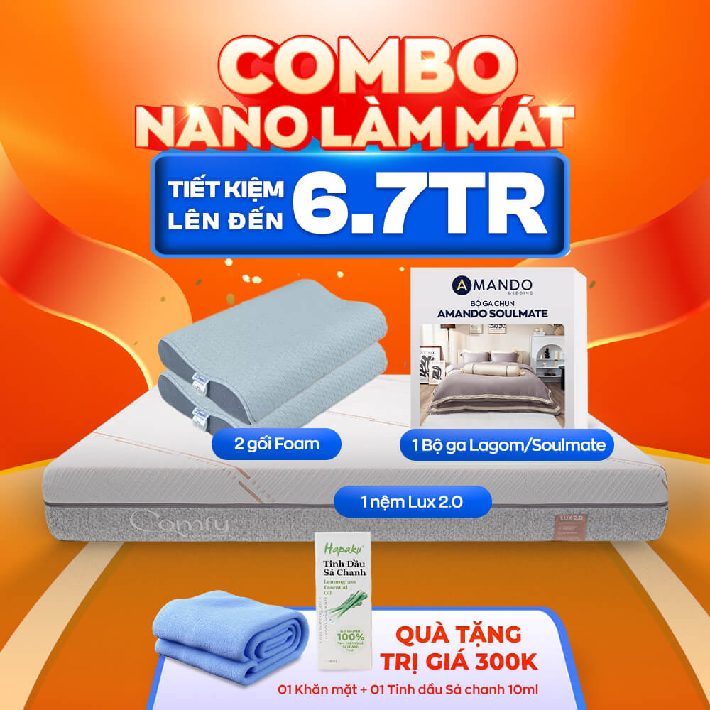 Combo Nano Làm Mát: 1 Đệm Lux 2.0, 1 Bộ ga Lagom/Soulmate, 2 gối Foam, 1 Khăn Mặt, 1 Tinh dầu Sả chanh nguyên chất Hapaku lọ 10ml - Ảnh 1