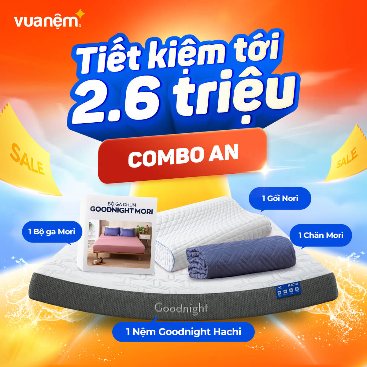 Combo An (Nệm Hachi, 1 Gối Nori, 1 Chăn Mori, 1 Bộ ga chun Mori)