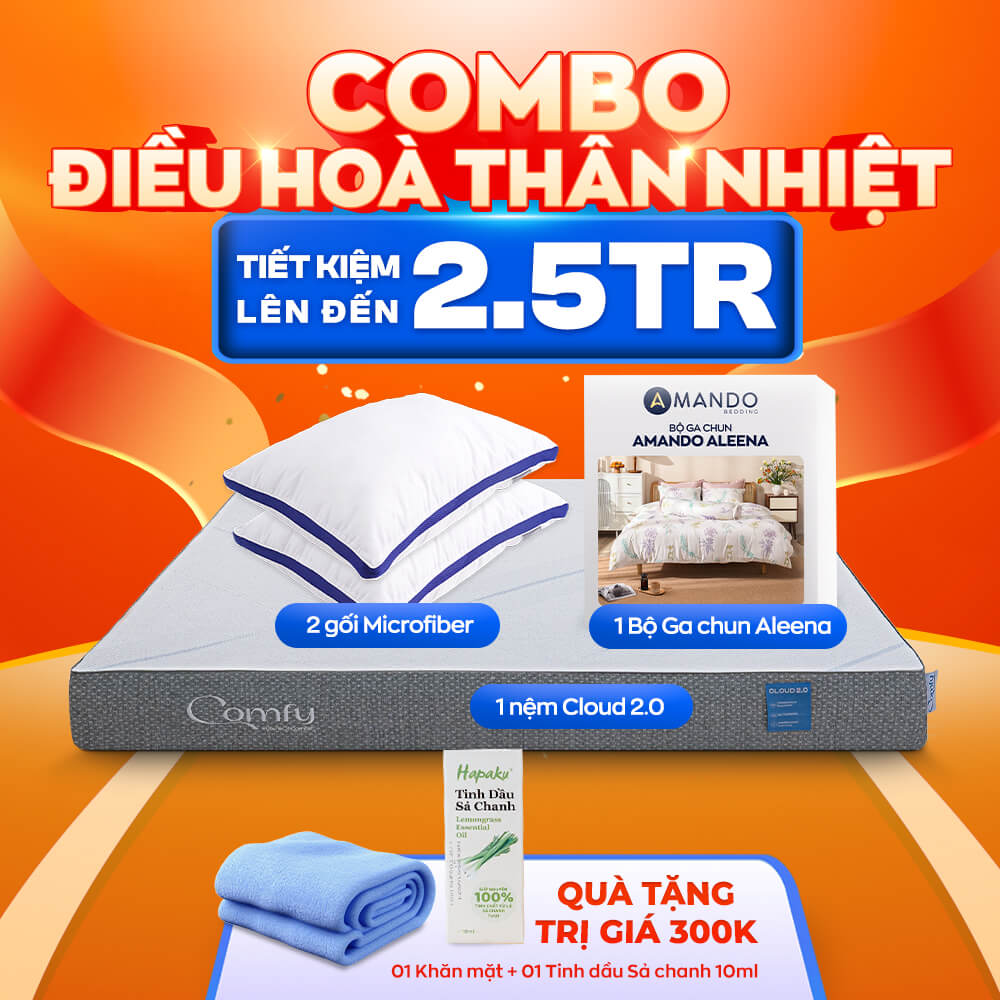 Combo Điều Hòa Thân Nhiệt: 1 Đệm Cloud 2.0, 1 bộ Ga chun Aleena, 2 Gối Bông Doona Microfiber, 1 Khăn Mặt, 1 Tinh dầu Sả chanh nguyên chất Hapaku lọ 10ml - Ảnh 1