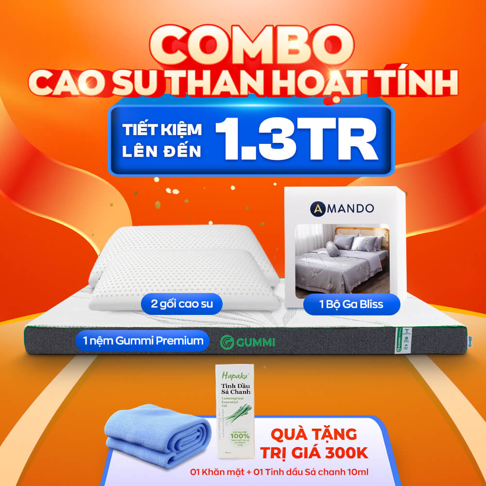 Combo Cao Su Than Hoạt Tính: 1 Đệm Gummi Premium, 1 Bộ Ga Bliss, 2 gối Cao su nâng đỡ vai gáy, 1 Khăn Mặt, 1 Tinh dầu Sả chanh nguyên chất